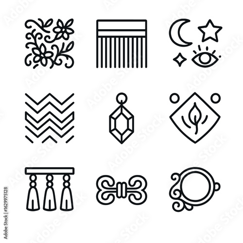 Cloak Decorations Icons. Outline icon set of cloak details and decorations: embroidery patterns, fringes, mystical symbols,