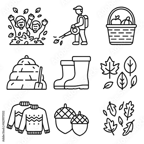 Autumn Playtime Icons. Outline icon set of Fall season playtime: children with leaves, leaf blower, harvest