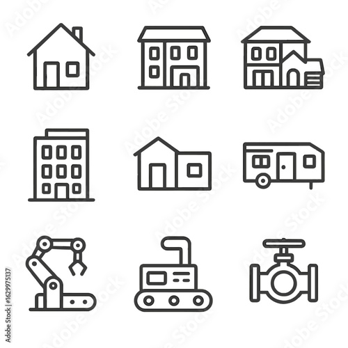 Building and Equipment Icons. Outline icon set of residential buildings types: single-family home, townhouse, villa, condo,