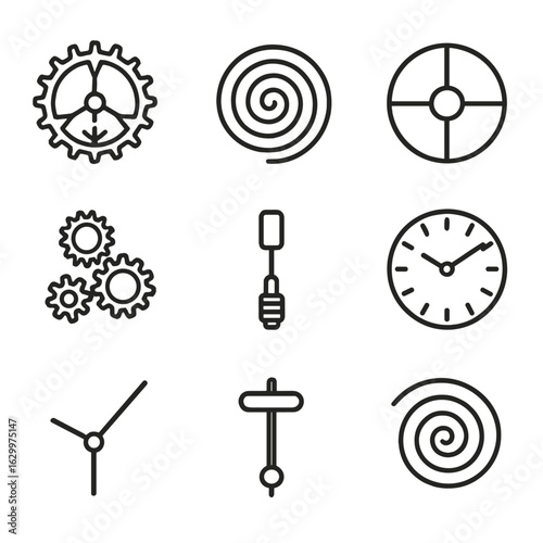 Clock Mechanism Icons. Outline icon set of clock mechanics: escapement wheel, mainspring, balance wheel, gear train, winding stem,