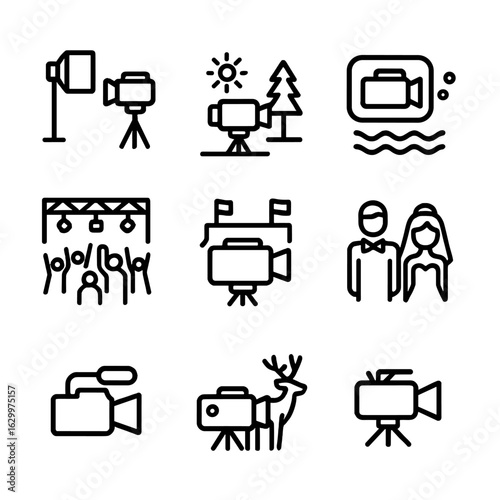 Camcorder Filming Icons. Outline icon set of camcorder filming environments: studio, outdoor, underwater, concert, sports event,