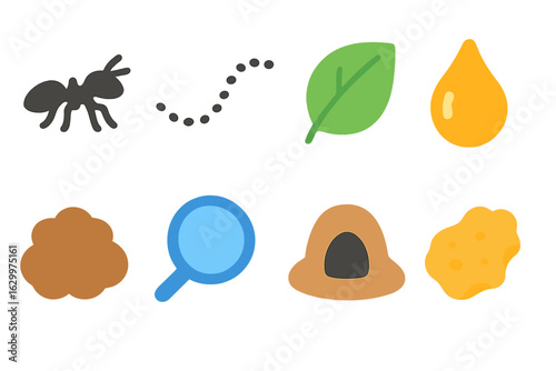 Ant Trail Journey. Flat vector mini-illustrations ant pheromone trail marking in colors children's illustrations: ant silhouette,