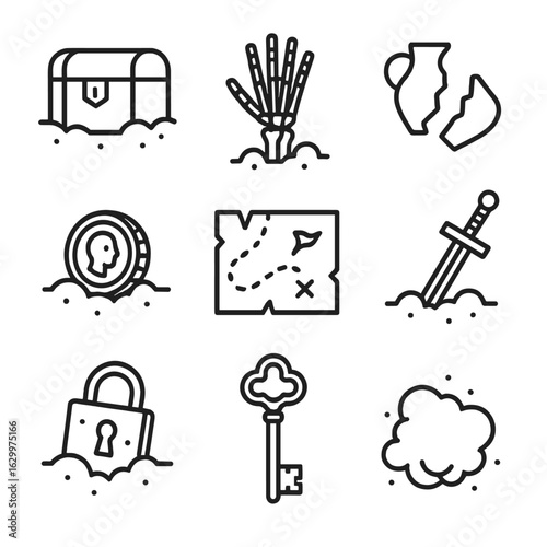 Buried Treasure Icons. Outline icon set of buried remains: chest, skeleton hand, broken pottery, old coin, map fragment, buried