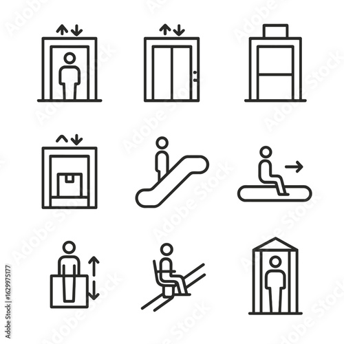 Building Lift Icons. Outline icon set of lift types in buildings: passenger elevator, service elevator, dumbwaiter, freight