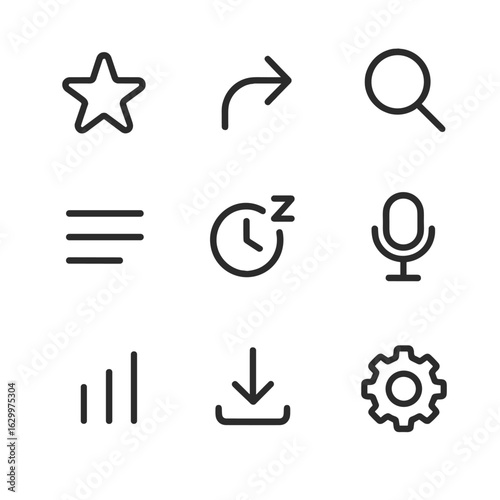 App Feature Icons. Outline icon set of app features: favorites star, share arrow, search magnifier, playlist list, sleep timer