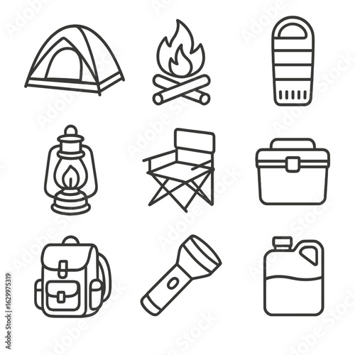 Backyard Camping Icons. Outline icon set of backyard camping gear: tent, firepit, sleeping bag, lantern,