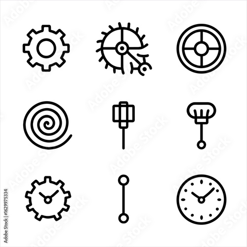 Clockwork Gear Icons. Outline icon set of clockwork gears: gear, escapement wheel, balance wheel, mainspring, pinion, winding