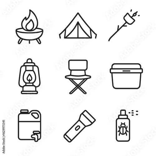 Backyard Camping Icons. Outline icon set of backyard campfire night: firepit, tent, marshmallow stick, camping