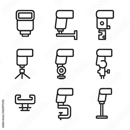 Camera Flash Mounts. Outline icon set of flash unit mounting types: hot shoe mount, bracket mount, umbrella holder, tripod mount,