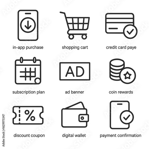 App Monetization Icons. Outline icon set of app monetization and transactions: in-app purchase, shopping cart, credit card payment