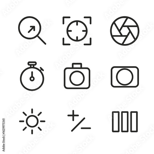 Camera Function Icons. Outline icon set of camera functions: zoom, focus, aperture, shutter speed, timer, ISO, white balance,