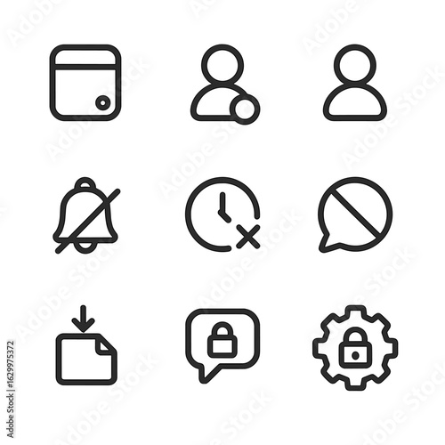 Closed Features Icons. Outline icon set of closed digital features: closed app, inactive status, signed out user, blocked profile,