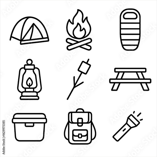 Backyard Camping Icons. Outline icon set of backyard camping night: tent, campfire, sleeping bag, lantern,