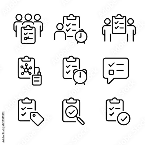 Business Task Icons. Outline icon set of business task management: team checklist, delegated task, shared task, project task,