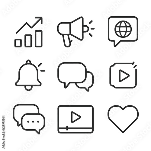 Buzz Social Icons. Outline icon set of buzz social activity: trending topic, viral post, social media alert, hashtag buzz,
