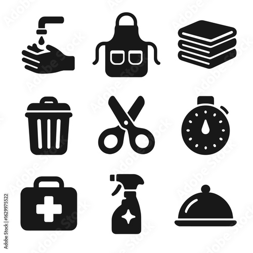 Baking Safety Icons. Solid, filled icons set of safety and cleanup in baking: hand wash station, apron pockets