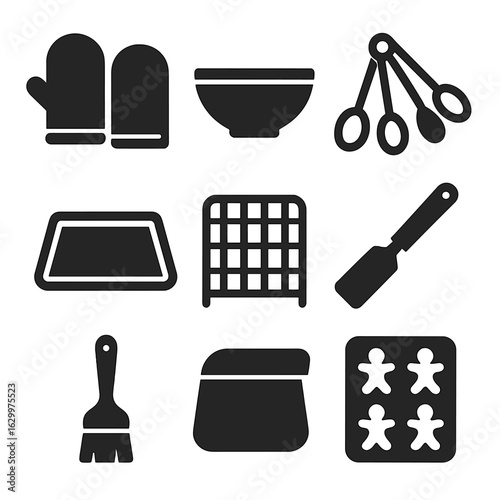 Baking Tools Icons. Solid, filled icons set of baking tools for gingerbread houses: oven mitts, mixing bowls,