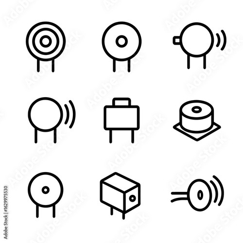 Buzzer Icon Set. Outline icon set of buzzer types: piezo buzzer, magnetic buzzer, mechanical buzzer, ultrasonic buzzer, tactile