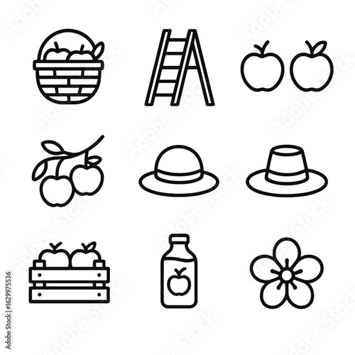Apple Orchard Icons. Outline icon set of apple orchard adventures: apple basket, picking ladder, red apple, green apple, tree