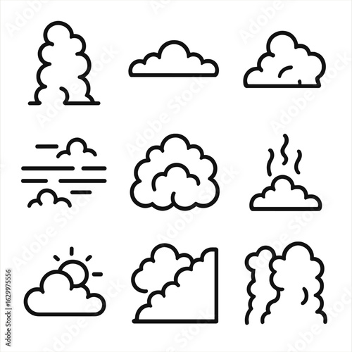 Cloud Icon Set. Outline icon set of cloud layers and walls: vertical cloud wall, horizontal cloud shelf, rolling cloud bank,