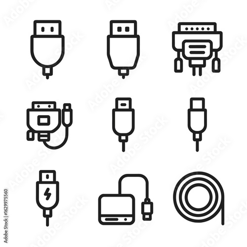 Cable Icon Set. Outline icon set of HDMI and display cables: HDMI cable end, DisplayPort cable end, DVI adapter, VGA-to-HDMI