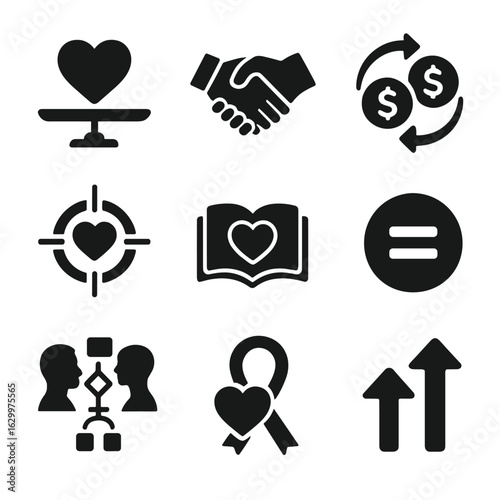 Icons of Balance. Solid, filled icons set of mutual respect and balance: heart on scale, agreement handshake,