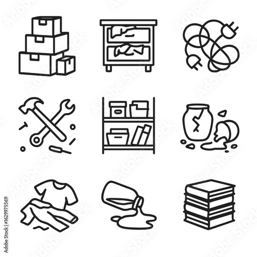 Cluttered Storage Icons. Outline icon set of cluttered storage: piled boxes, overflowing drawers, tangled cords, scattered tools,