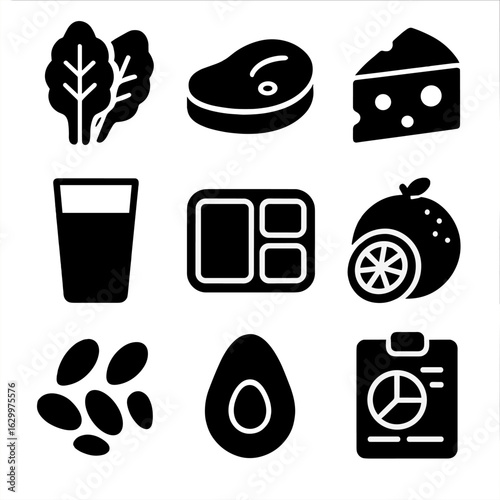 Balanced Diet Icons. Solid, filled icons set of Balanced diet essentials: leafy greens, protein portion, dairy