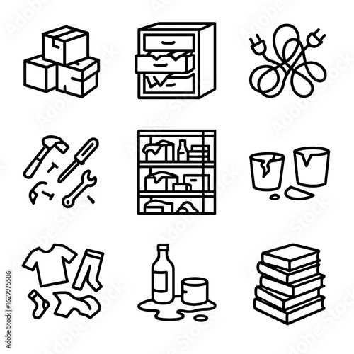 Cluttered Storage Icons. Outline icon set of cluttered storage: piled boxes, overflowing drawers, tangled cords, scattered tools,