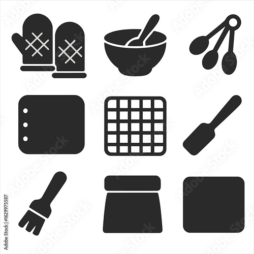 Baking Tools Icons. Solid, filled icons set of baking tools for gingerbread houses: oven mitts, mixing bowls,