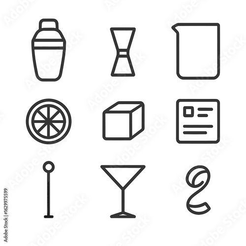 Cocktail Icon Set. Outline icon set of cocktail composition: shaker, jigger, mixing glass, garnish slice, ice cube, recipe card,