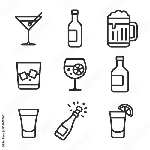 Bar Drink Icons. Outline icon set of Bar drink types: cocktail glass, wine bottle, beer mug, whiskey glass,