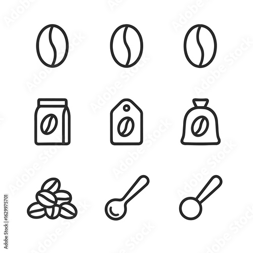 Coffee Bean Icon Set. Outline icon set of coffee bean varieties: arabica bean, robusta bean, liberica bean, peaberry bean, blend