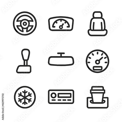 Car Interior Icons. Outline icon set of car interior features: steering wheel, dashboard, seat, gear shift, rearview mirror,