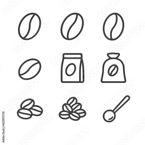 Coffee Bean Icon Set. Outline icon set of coffee bean varieties: arabica bean, robusta bean, liberica bean, peaberry bean, blend