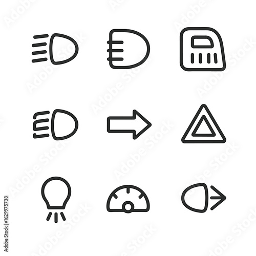 Car Lights Icon Set. Outline icon set of car lights: headlight, taillight, brake light, fog light, turn signal, hazard light,