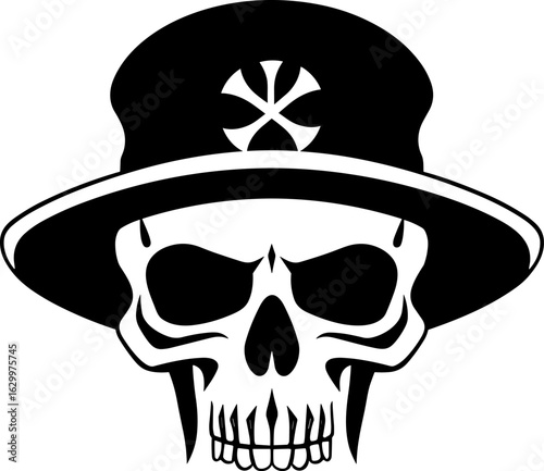 Striking Black and White Skull with Hat Graphic: A Powerful Symbol of Mortality, Rebellion, or Mystical Intrigue for Diverse Design Projects
