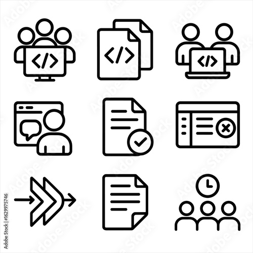 Coding Collaboration Icons. Outline icon set of coding collaboration: team coding, code sharing, pair programming, code review,