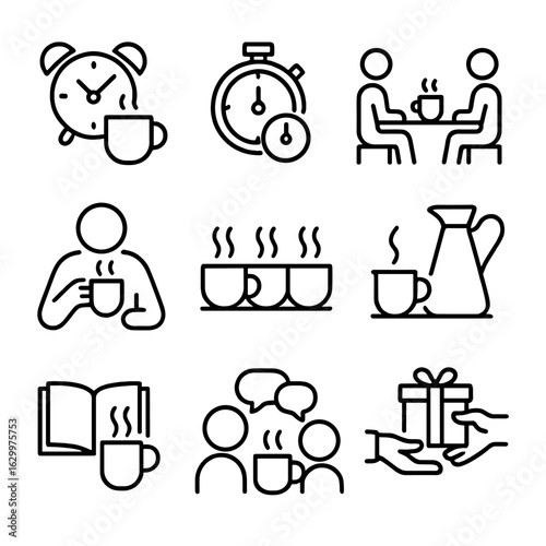 Coffee Ritual Icons. Outline icon set of coffee rituals: morning coffee ritual, coffee break timer, meeting coffee table, coffee