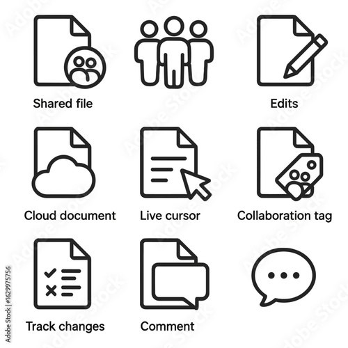 Collaborative Notes Icons. Outline icon set of collaborative notes: shared file icon, group pencil, edit icon, cloud document,