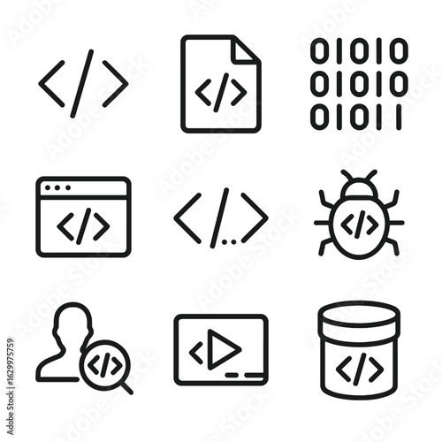 Code Element Icons. Outline icon set of code elements: code brackets, code file, binary code, code editor, code snippet, code bug,