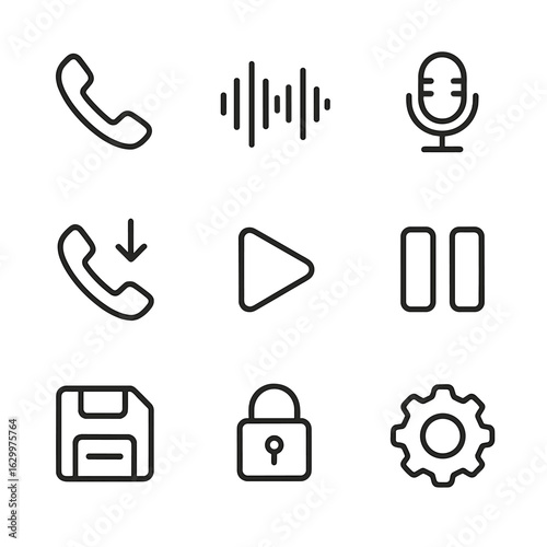 Call Recording Icons. Outline icon set of call recording: phone handset, record waveform, microphone, call log, play icon, pause