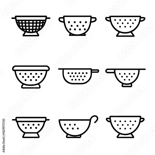 Colander Icons Set. Outline icon set of colander types: mesh colander, plastic colander, stainless steel colander, silicone