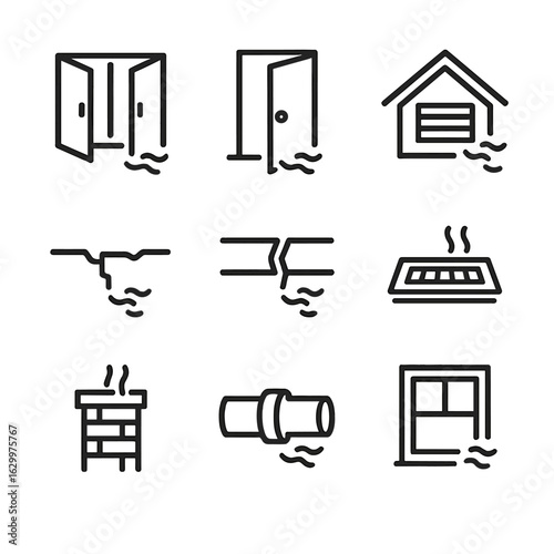 Cold Air Source Icons. Outline icon set of cold air sources: open window, cracked door, attic vent, basement crack, wall gap,