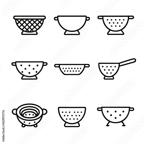 Colander Icons Set. Outline icon set of colander types: mesh colander, plastic colander, stainless steel colander, silicone