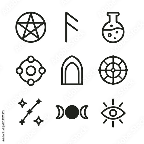 Arcane Symbols Grid. Outline icon set of arcane symbols: pentagram star, runic glyph, alchemy flask, magic sigil, portal arch,