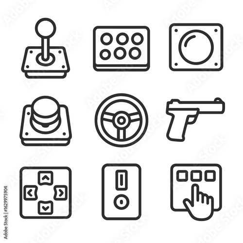 Arcade Controls Icon Set. Outline icon set of arcade game controls and inputs: joystick lever, push button panel, trackball,
