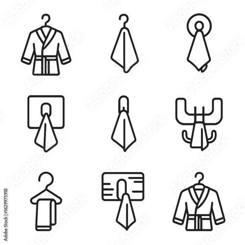 Bathrobe and Towel Hooks. Outline icon set of bathrobe and towel holders: bathrobe hook, towel hook, suction