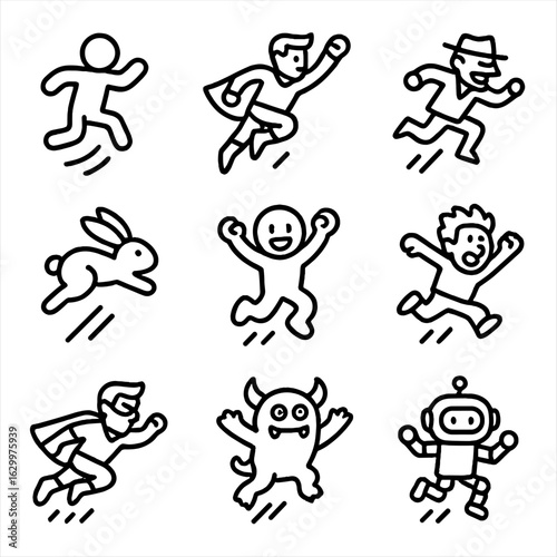 Cartoon Leap Icon Set. Outline icon set of cartoon leap: character jump, hero leap, villain hop, animal bounce, mascot leap, comic