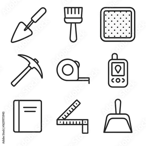 Archaeology Tools Icons. Outline icon set of archaeological field equipment: trowel, brush, sieving screen, pickaxe, measuring